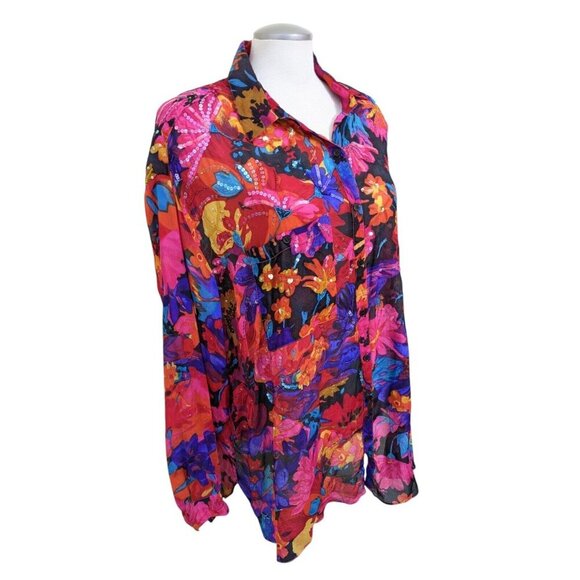 Vintage Judith Ann Plus Silk Button Tunic Blouse Sheer Plus 3X Embellished Bold - Picture 3 of 9